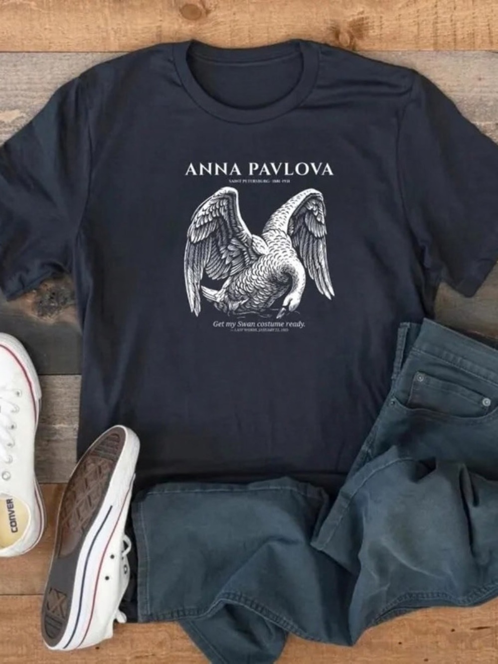 Anna Pavlova Swan Graphic T-Shirt - Navy